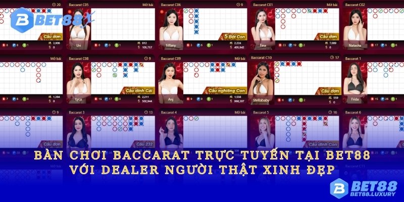 Hình ảnh bàn chơi Baccarat trực tuyến tại Bet88 với Dealer người thật xinh đẹp