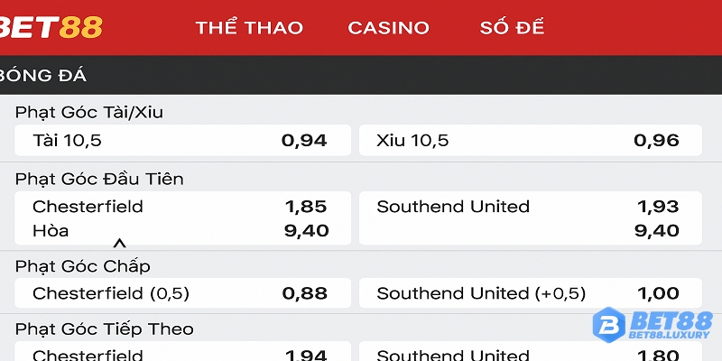 Giao diện bảng kèo nhà cái Bet88 với mục Corner Betting hiển thị rõ