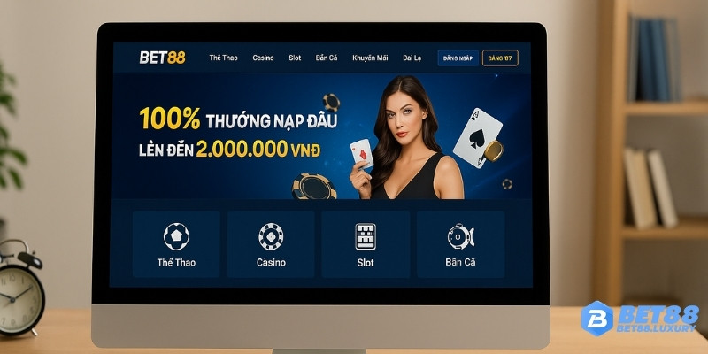 Giao diện website Bet88 với nhiều trò chơi như thể thao, casino, slot hiện rõ trên màn hình