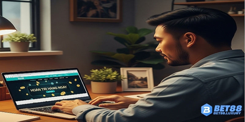 Người chơi lướt website Bet88, màn hình hiện banner “Hoàn Trả Hàng Ngày”