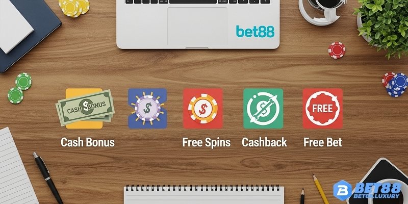 Các loại bonus Bet88 bằng biểu tượng tiền thưởng, vòng quay miễn phí, hoàn trả, cược miễn phí