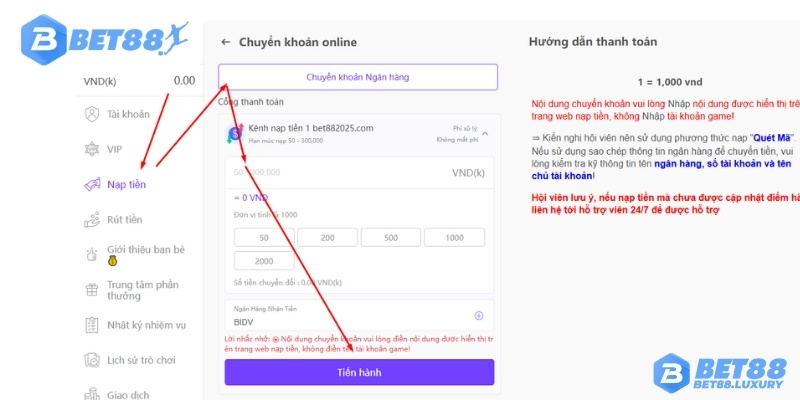 Nạp tiền vào tài khoản Bet88 qua chuyển khoản ngân hàng