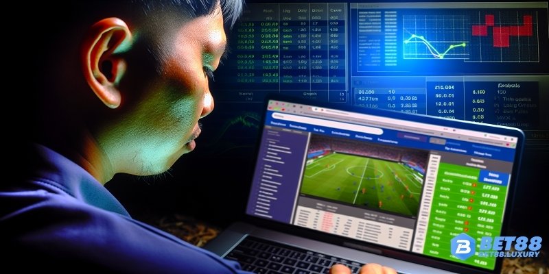 Người chơi đang phân tích dữ liệu trận đấu trên máy tính