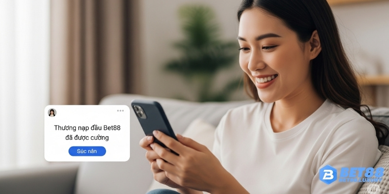 Người dùng mới vui vẻ đang nhận thông báo “Thưởng nạp đầu thành công” trên điện thoại
