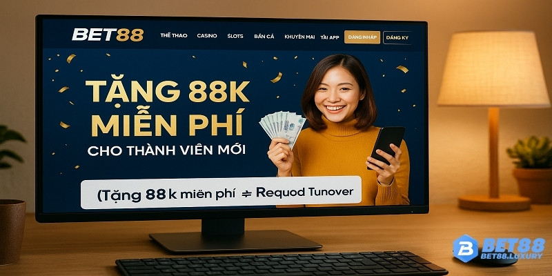 Minh họa giao diện trang chủ Bet88 có banner “Tặng 88k miễn phí cho thành viên mới”